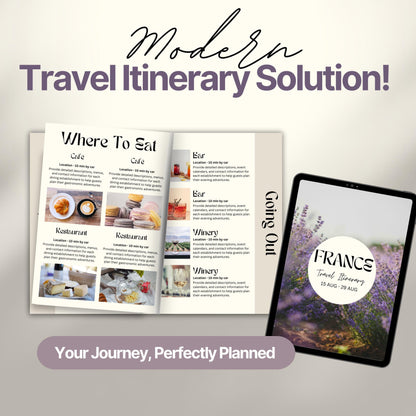 A promotional image titled “Modern Travel Itinerary Solution!” featuring a travel itinerary. 