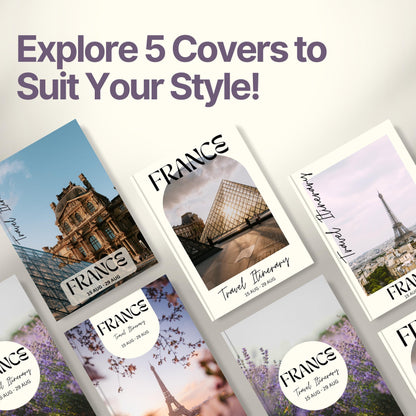 A promotional graphic titled “Explore 5 Covers to Suit Your Style!” showcasing five different travel itinerary cover designs.