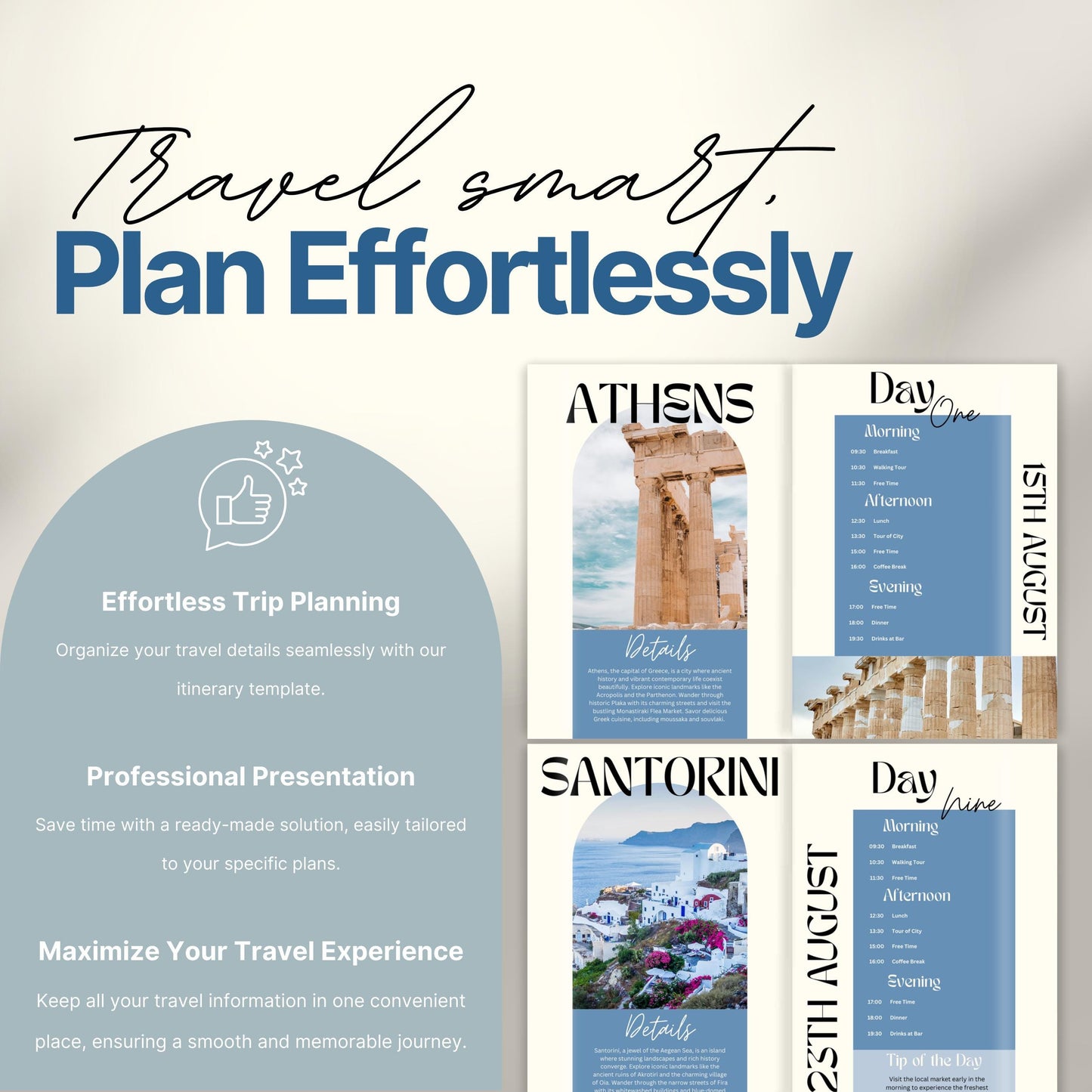A promotional image for a travel itinerary template titled “Travel smart. Plan Effortlessly.” On the left, a rounded panel highlights benefits of the product including: "Effortless Trip Planning," "Professional Presentation," and "Maximize Your Travel Experience.
