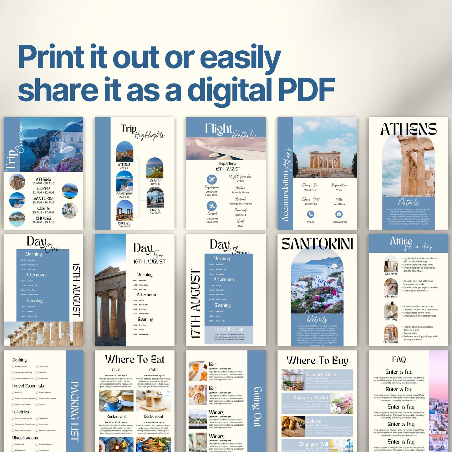 A preview layout showing multiple pages from a travel itinerary template. The design is modern, organized, and visually rich with photos of destinations, local cuisine, and cultural icons.
