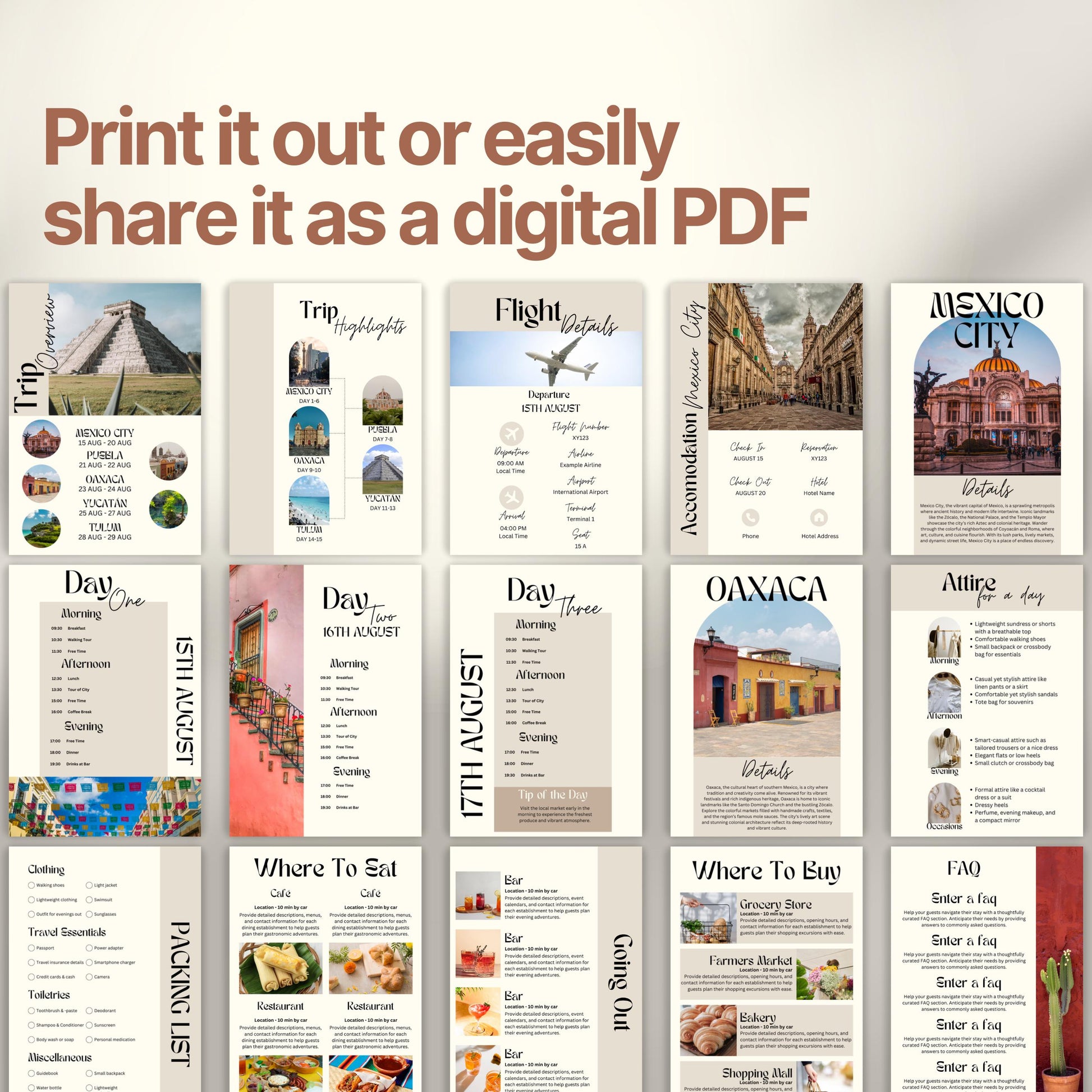 A preview layout showing multiple pages from a travel itinerary template. The design is modern, organized, and visually rich with photos of destinations, local cuisine, and cultural icons.