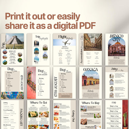 A preview layout showing multiple pages from a travel itinerary template. The design is modern, organized, and visually rich with photos of destinations, local cuisine, and cultural icons.
