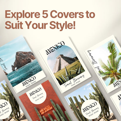 A promotional graphic titled “Explore 5 Covers to Suit Your Style!” showcasing five different travel itinerary cover designs.