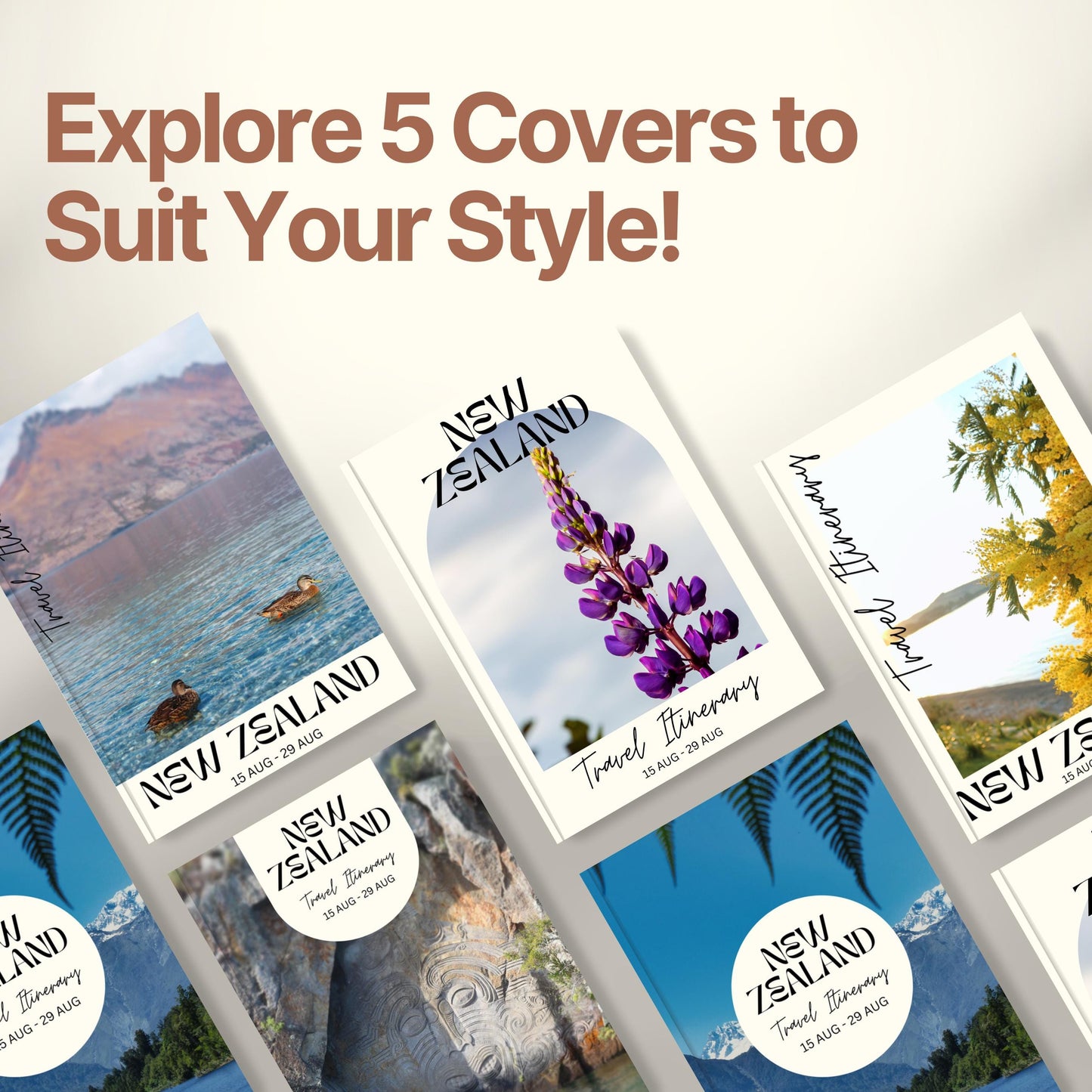 A promotional graphic titled “Explore 5 Covers to Suit Your Style!” showcasing five different travel itinerary cover designs.