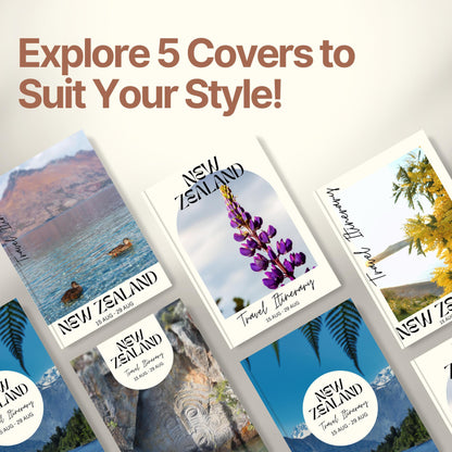 A promotional graphic titled “Explore 5 Covers to Suit Your Style!” showcasing five different travel itinerary cover designs.