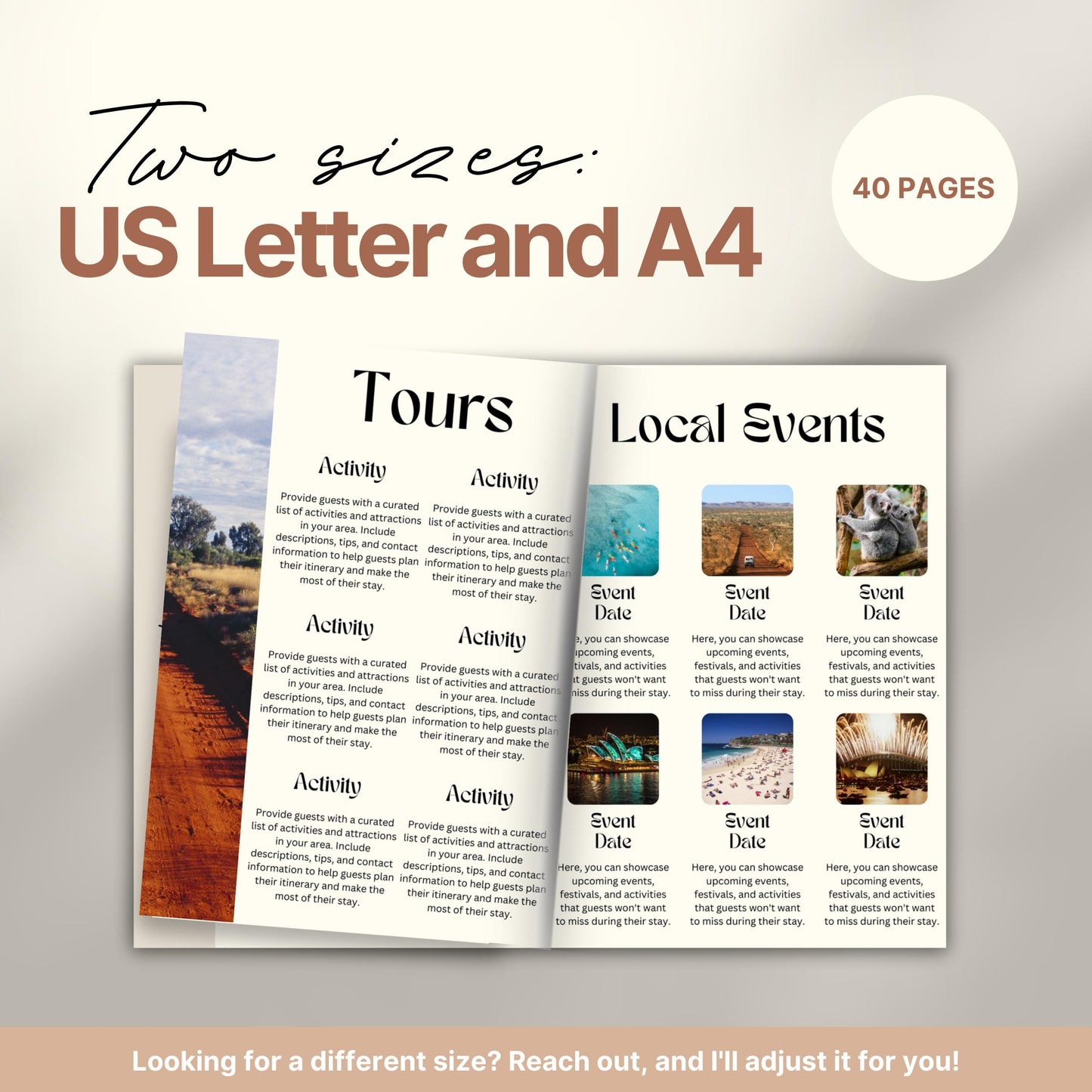 Travel itinerary template displayed in two formats: US Letter and A4 sizes, featuring organized trip details, minimalist design, and printable layout for easy planning.