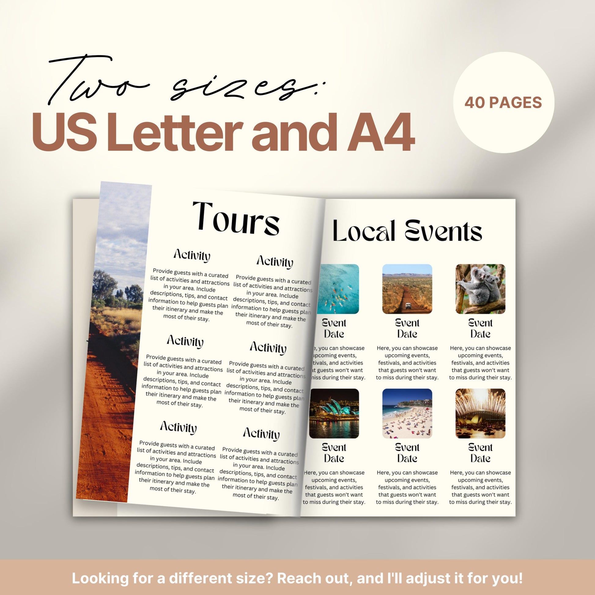 Travel itinerary template displayed in two formats: US Letter and A4 sizes, featuring organized trip details, minimalist design, and printable layout for easy planning.