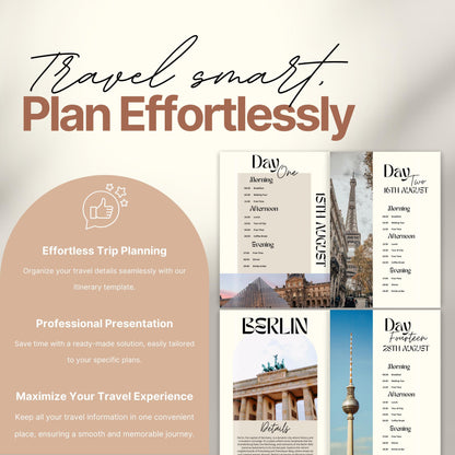 A promotional image for a travel itinerary template titled “Travel smart. Plan Effortlessly.” On the left, a rounded panel highlights benefits of the product including: "Effortless Trip Planning," "Professional Presentation," and "Maximize Your Travel Experience.