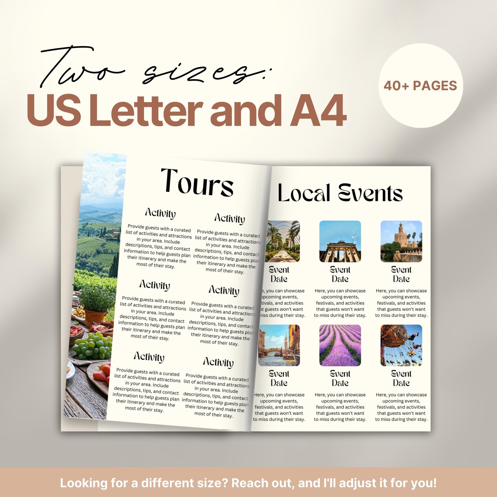 Travel itinerary template displayed in two formats: US Letter and A4 sizes, featuring organized trip details, minimalist design, and printable layout for easy planning.