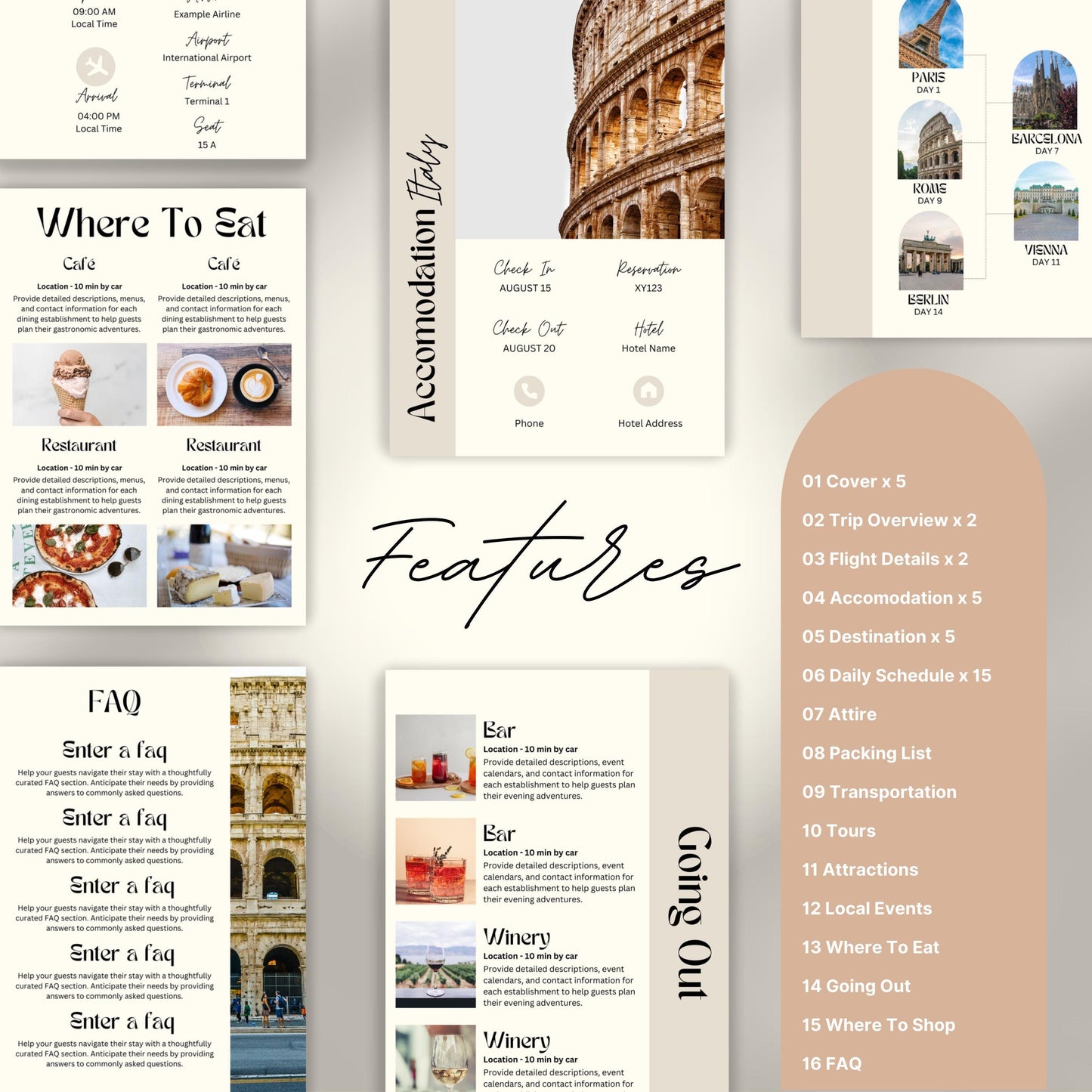 Travel itinerary template with features like daily schedule, accommodation and transportation details, packing checklist.