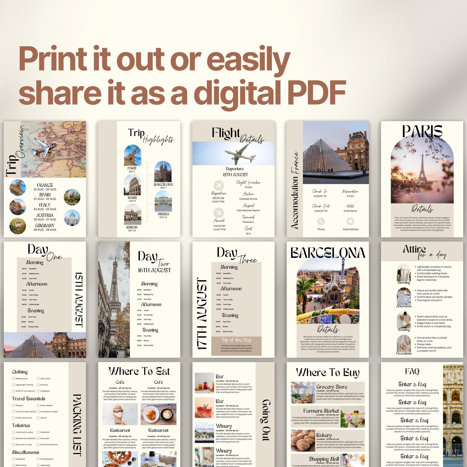 A preview layout showing multiple pages from a travel itinerary template. The design is modern, organized, and visually rich with photos of destinations, local cuisine, and cultural icons.