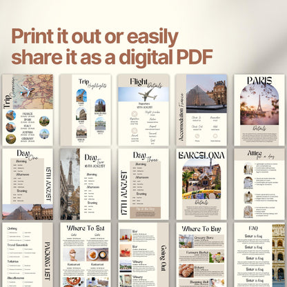 A preview layout showing multiple pages from a travel itinerary template. The design is modern, organized, and visually rich with photos of destinations, local cuisine, and cultural icons.