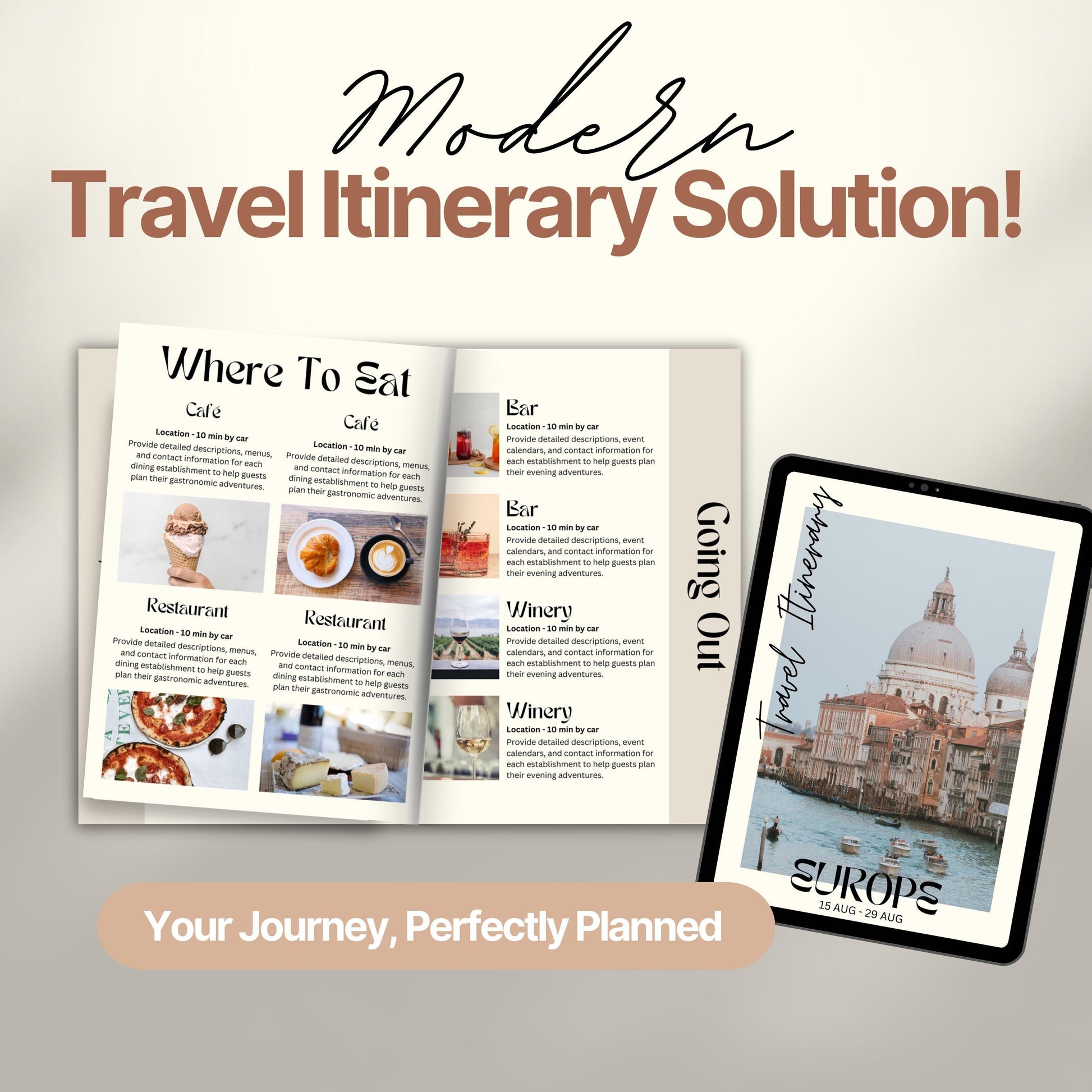 A promotional image titled “Modern Travel Itinerary Solution!” featuring a travel itinerary. 