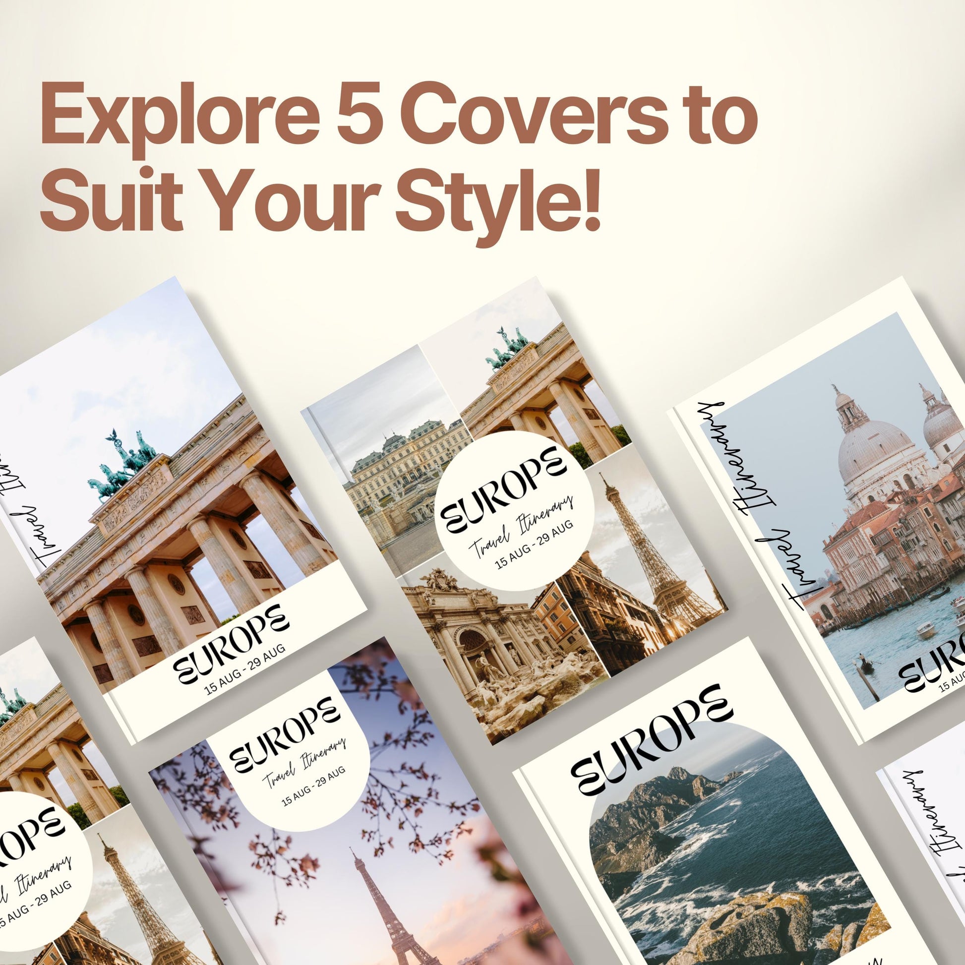 A promotional graphic titled “Explore 5 Covers to Suit Your Style!” showcasing five different travel itinerary cover designs.
