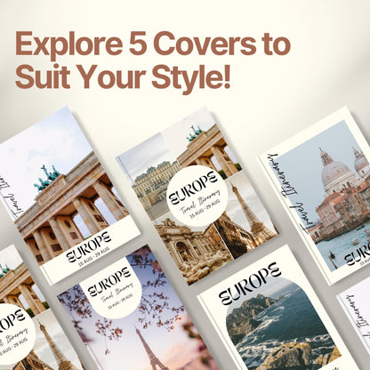 A promotional graphic titled “Explore 5 Covers to Suit Your Style!” showcasing five different travel itinerary cover designs.