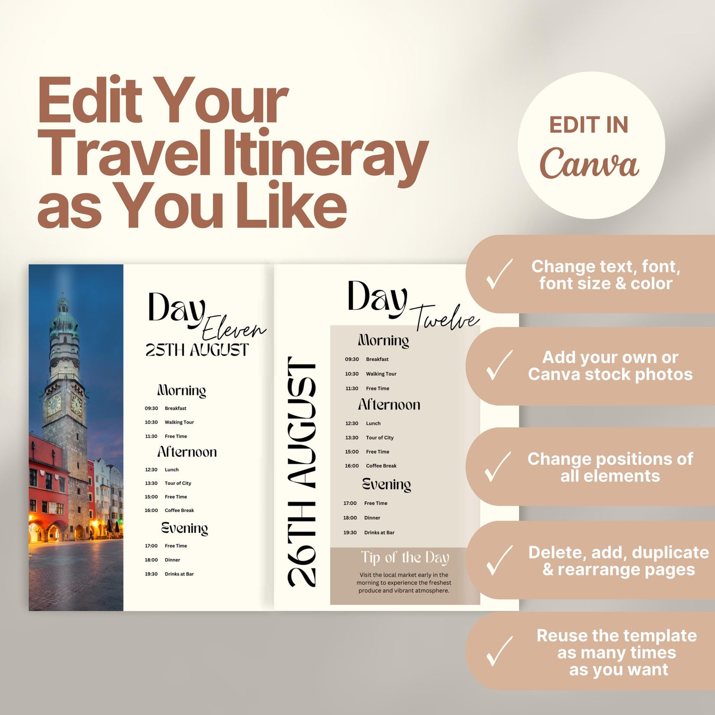 A promotional graphic for a customizable travel itinerary template. On the right, a checklist highlights editable features: change text, font, and colors; add personal or stock photos; rearrange elements; duplicate pages; and reuse the template multiple times. A Canva logo indicates editing is done in Canva.