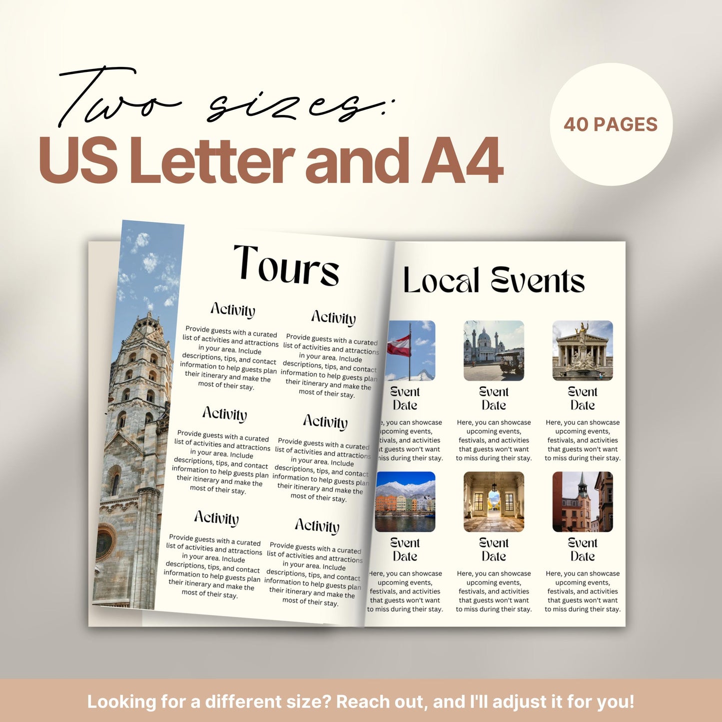 Travel itinerary template displayed in two formats: US Letter and A4 sizes, featuring organized trip details, minimalist design, and printable layout for easy planning.