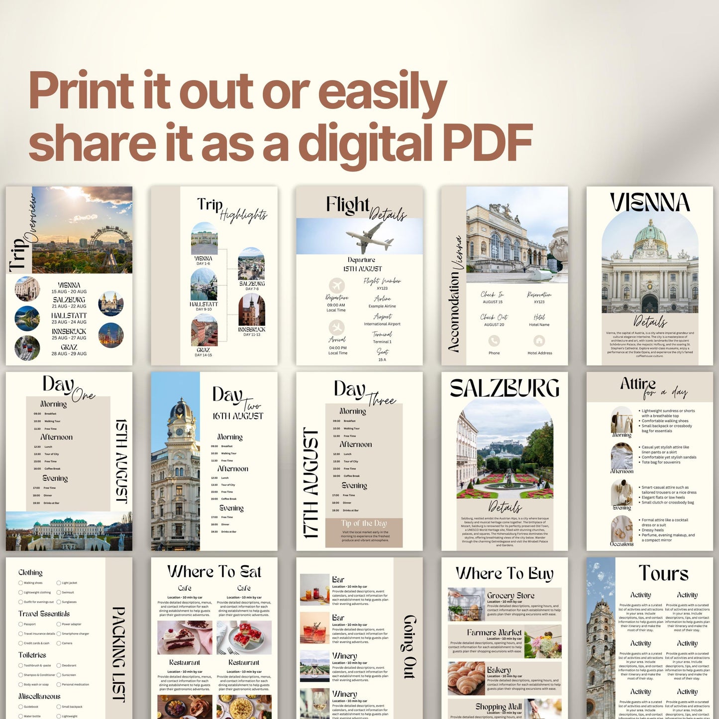A preview layout showing multiple pages from a travel itinerary template. The design is modern, organized, and visually rich with photos of destinations, local cuisine, and cultural icons.