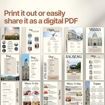 A preview layout showing multiple pages from a travel itinerary template. The design is modern, organized, and visually rich with photos of destinations, local cuisine, and cultural icons.