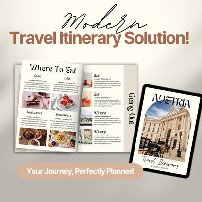 A promotional image titled “Modern Travel Itinerary Solution!” featuring a travel itinerary. 