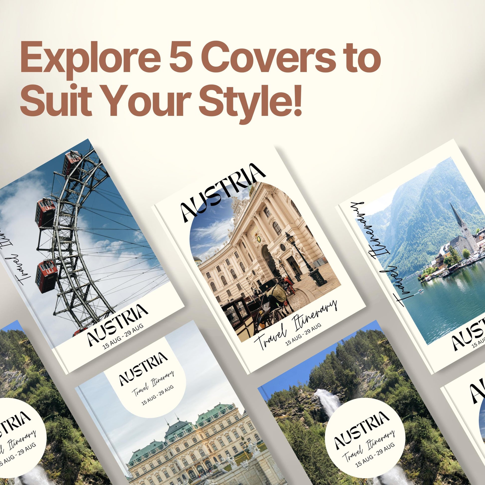 A promotional graphic titled “Explore 5 Covers to Suit Your Style!” showcasing five different travel itinerary cover designs.