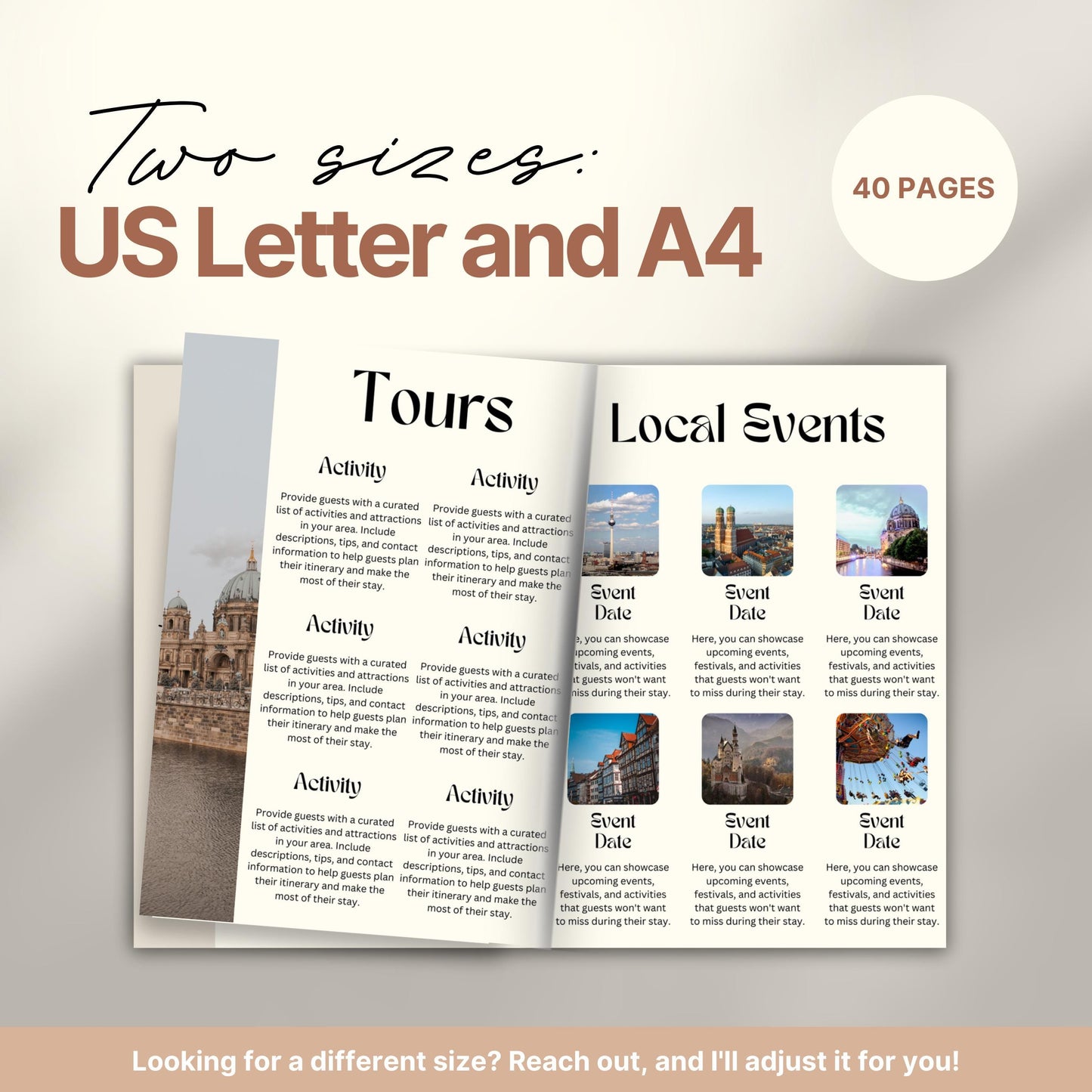 Travel itinerary template displayed in two formats: US Letter and A4 sizes, featuring organized trip details, minimalist design, and printable layout for easy planning.