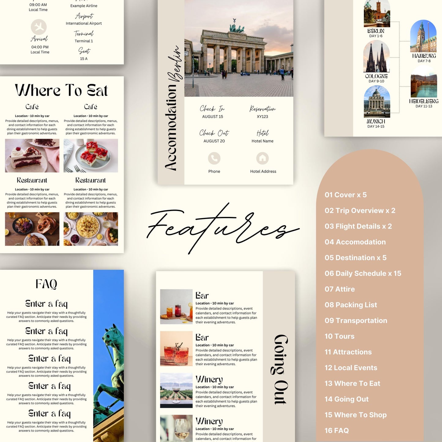 Travel itinerary template with features like daily schedule, accommodation and transportation details, packing checklist.