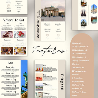 Travel itinerary template with features like daily schedule, accommodation and transportation details, packing checklist.