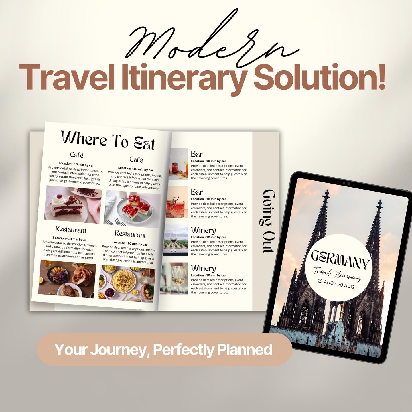A promotional image titled “Modern Travel Itinerary Solution!” featuring a travel itinerary. 