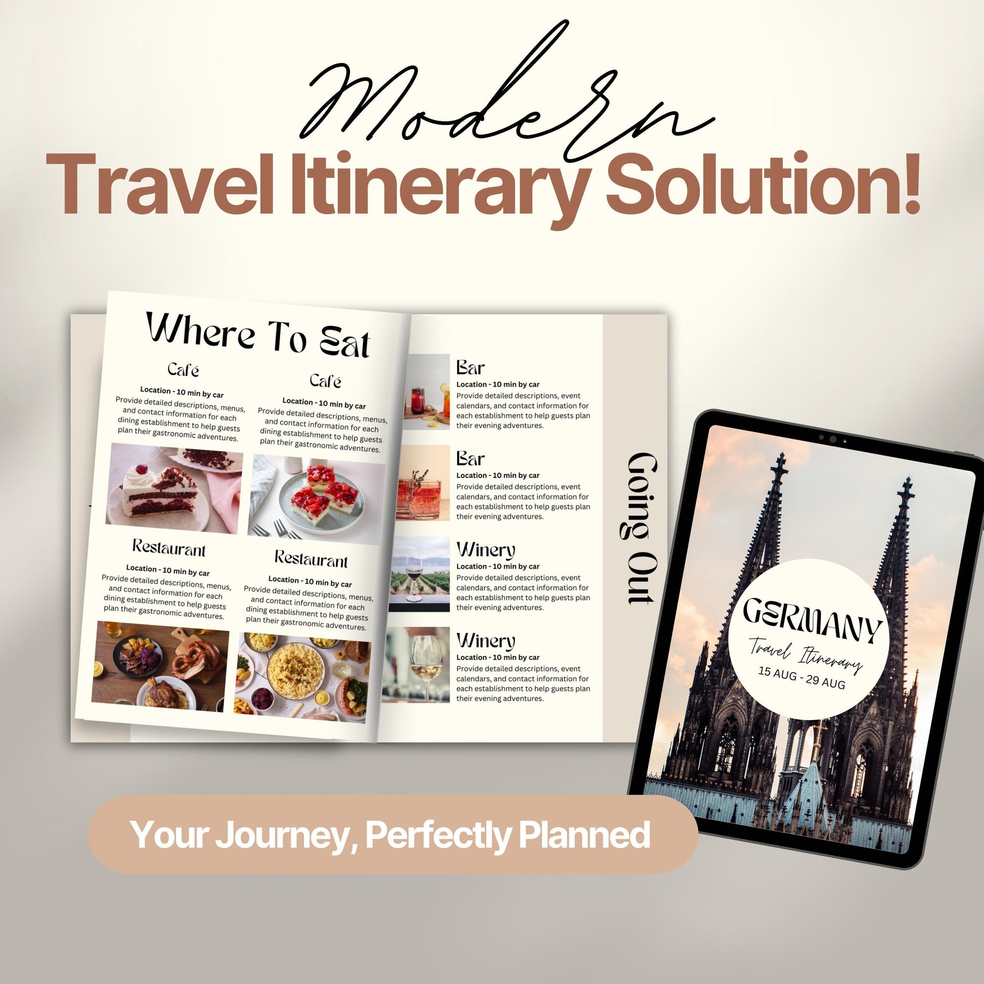 A promotional image titled “Modern Travel Itinerary Solution!” featuring a travel itinerary. 