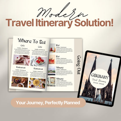 A promotional image titled “Modern Travel Itinerary Solution!” featuring a travel itinerary. 