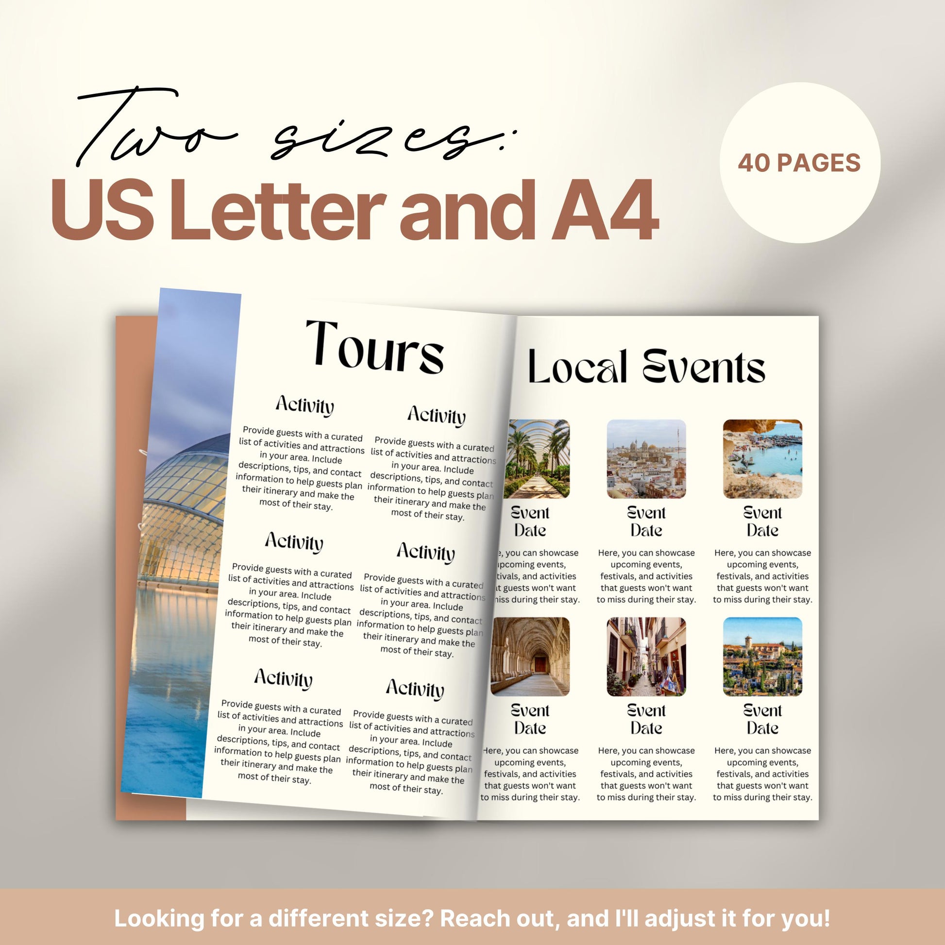 Travel itinerary template displayed in two formats: US Letter and A4 sizes, featuring organized trip details, minimalist design, and printable layout for easy planning.