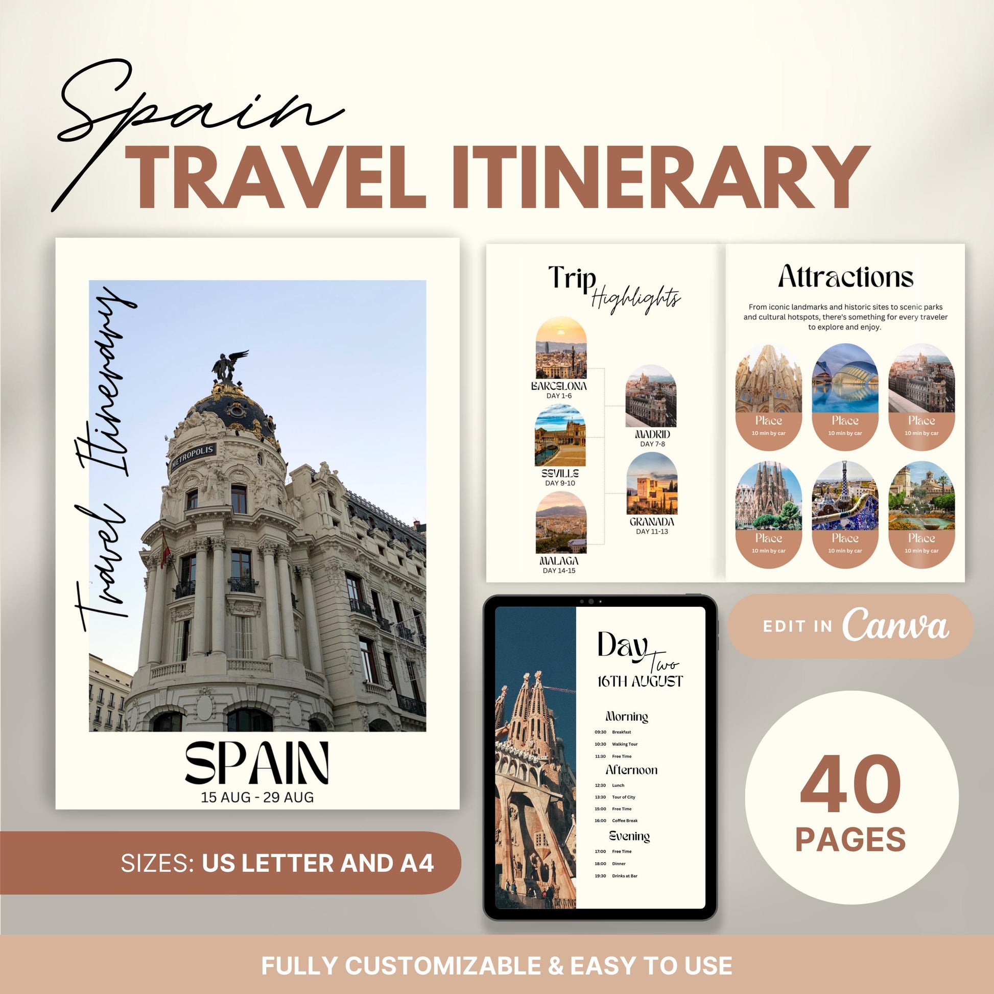 Promotional image for a customizable  Travel Itinerary template. Text highlights features such as US Letter and A4 sizes, full editability in Canva, and ease of use.