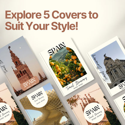 A promotional graphic titled “Explore 5 Covers to Suit Your Style!” showcasing five different travel itinerary cover designs.