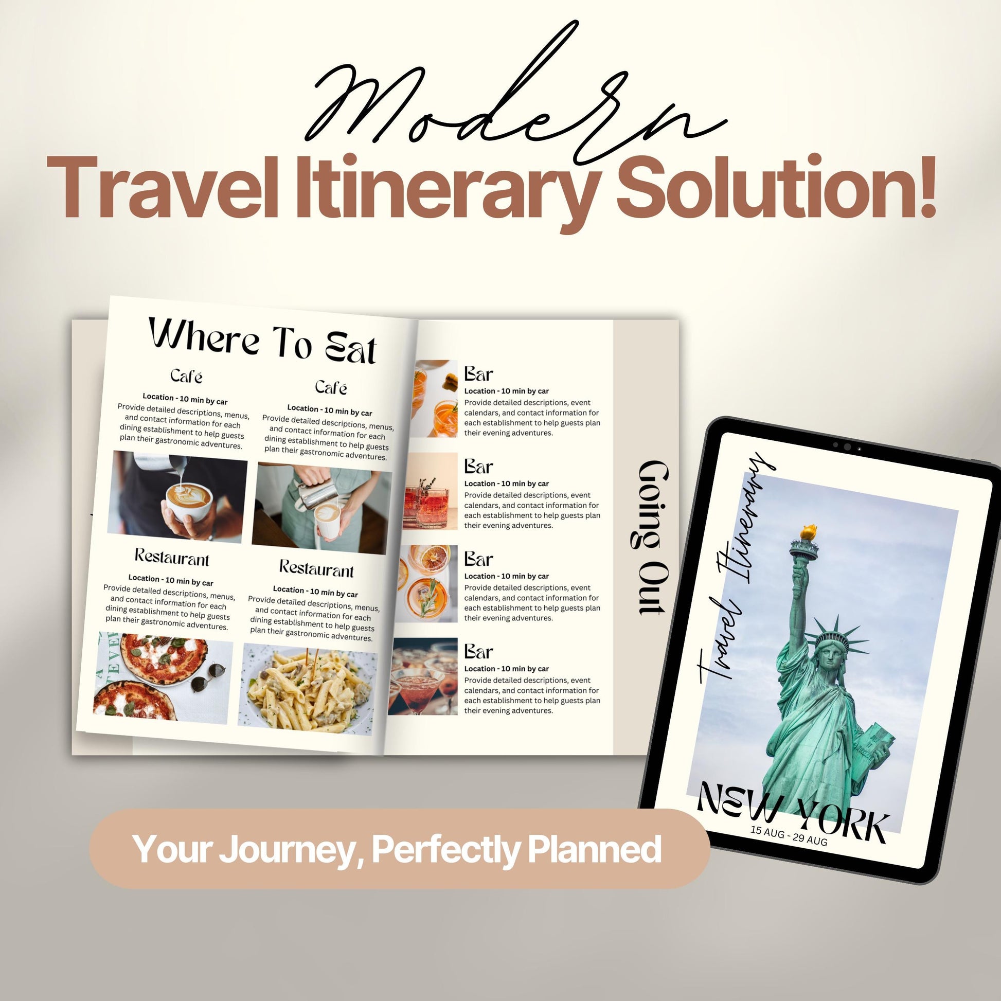 A promotional image titled “Modern Travel Itinerary Solution!” featuring a travel itinerary. 