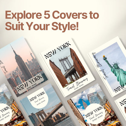 A promotional graphic titled “Explore 5 Covers to Suit Your Style!” showcasing five different travel itinerary cover designs.