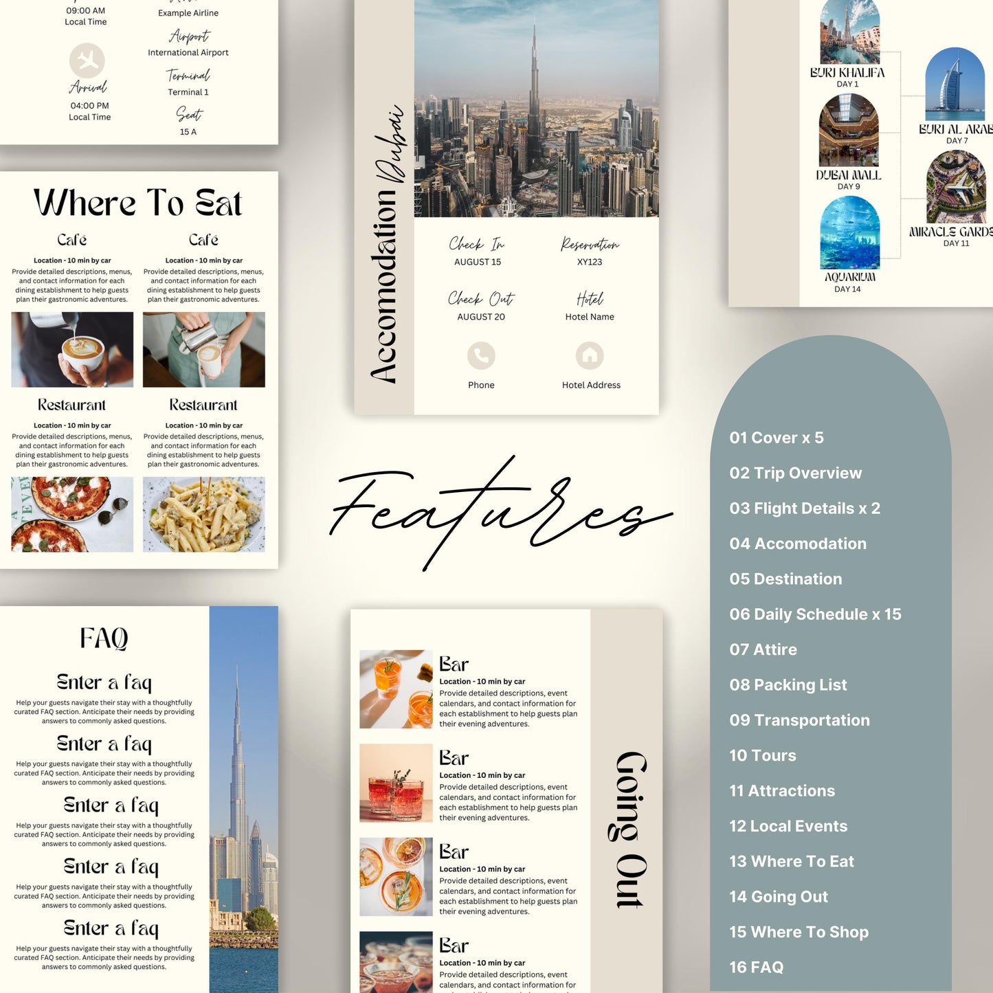 Travel itinerary template with features like daily schedule, accommodation and transportation details, packing checklist.