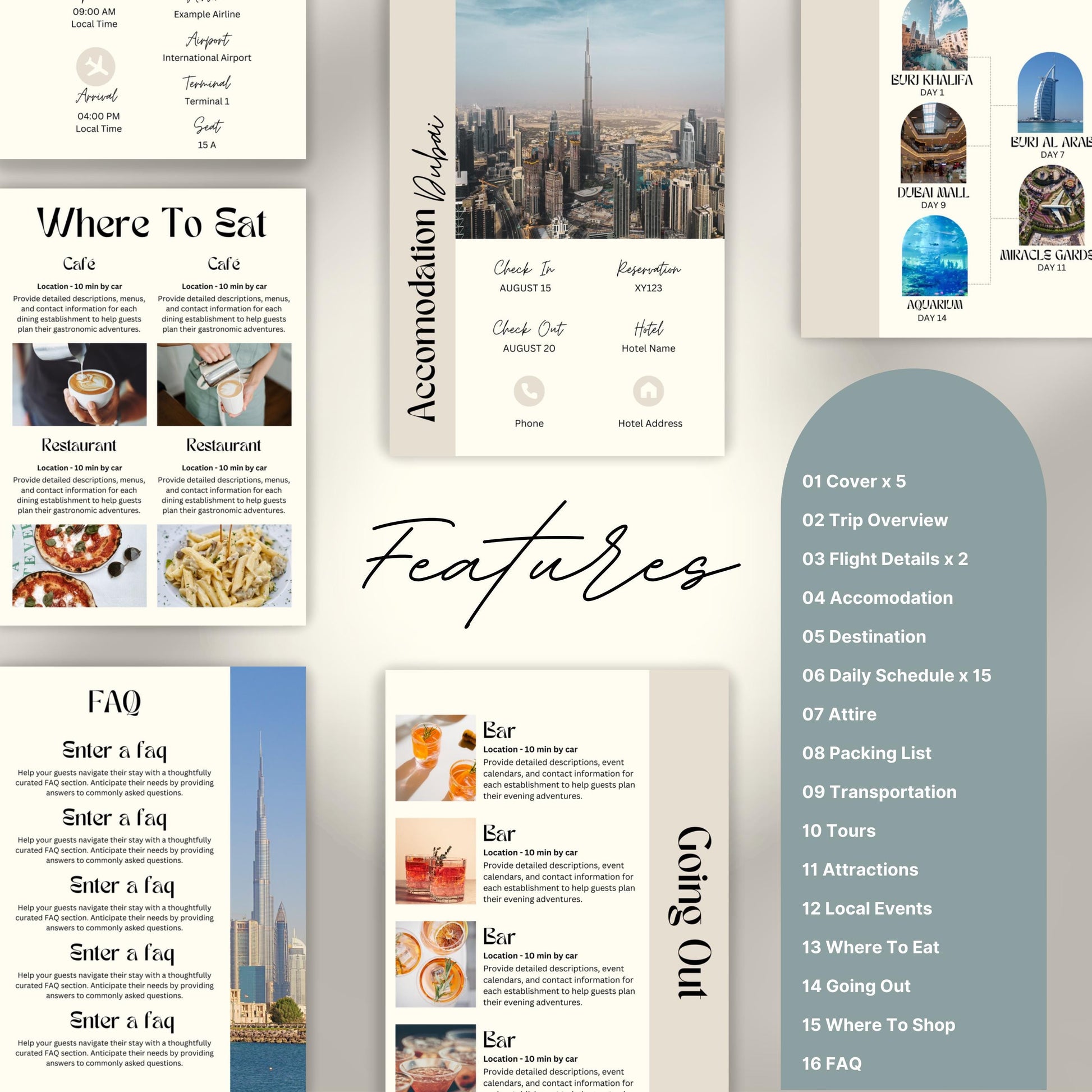 Travel itinerary template with features like daily schedule, accommodation and transportation details, packing checklist.