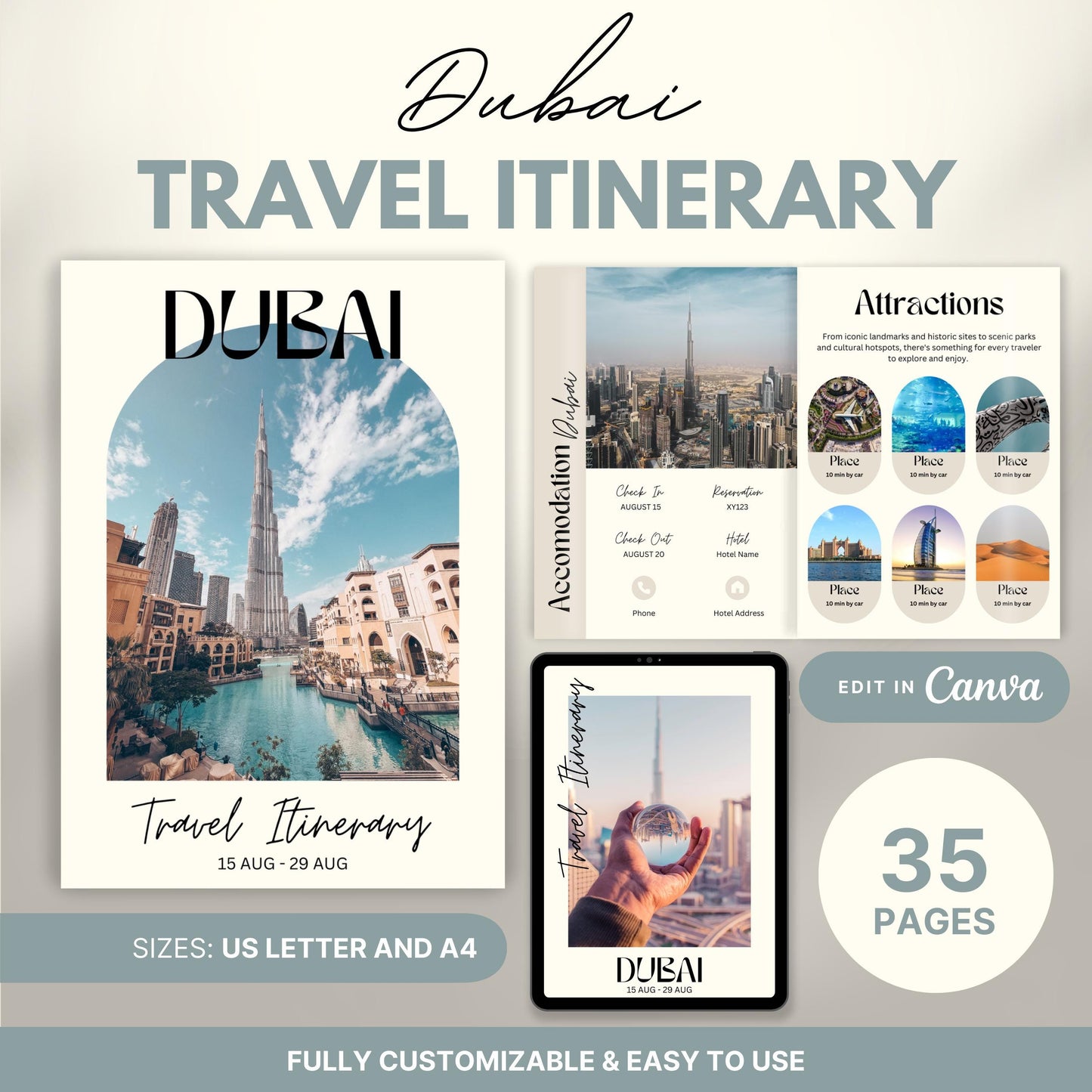 Promotional image for a customizable  Travel Itinerary template. Text highlights features such as US Letter and A4 sizes, full editability in Canva, and ease of use.