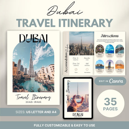 Promotional image for a customizable  Travel Itinerary template. Text highlights features such as US Letter and A4 sizes, full editability in Canva, and ease of use.