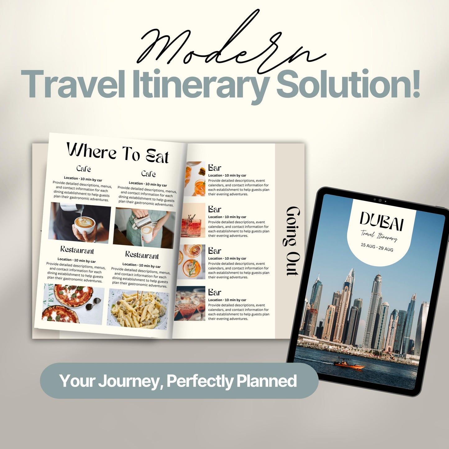 A promotional image titled “Modern Travel Itinerary Solution!” featuring a travel itinerary. 
