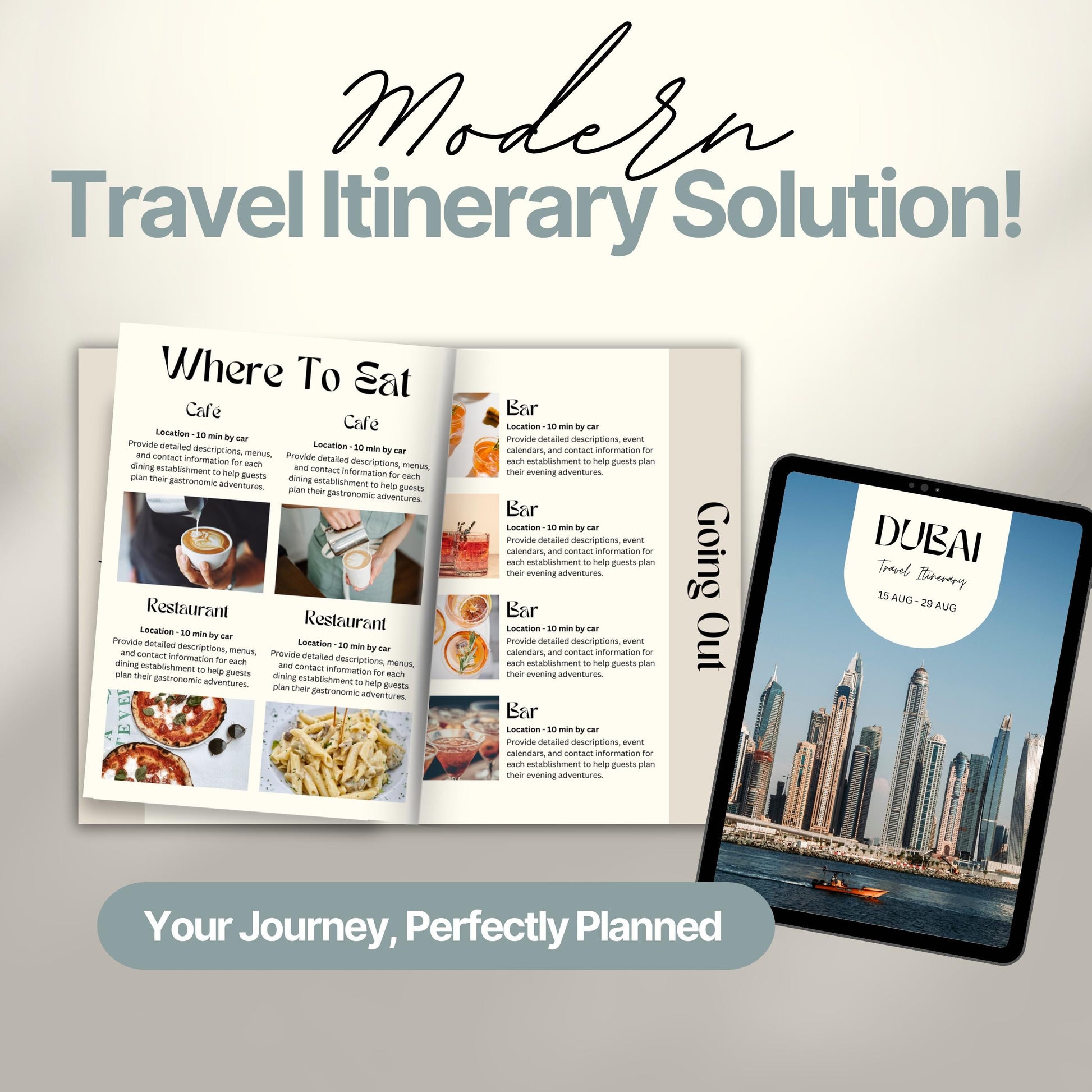 A promotional image titled “Modern Travel Itinerary Solution!” featuring a travel itinerary. 