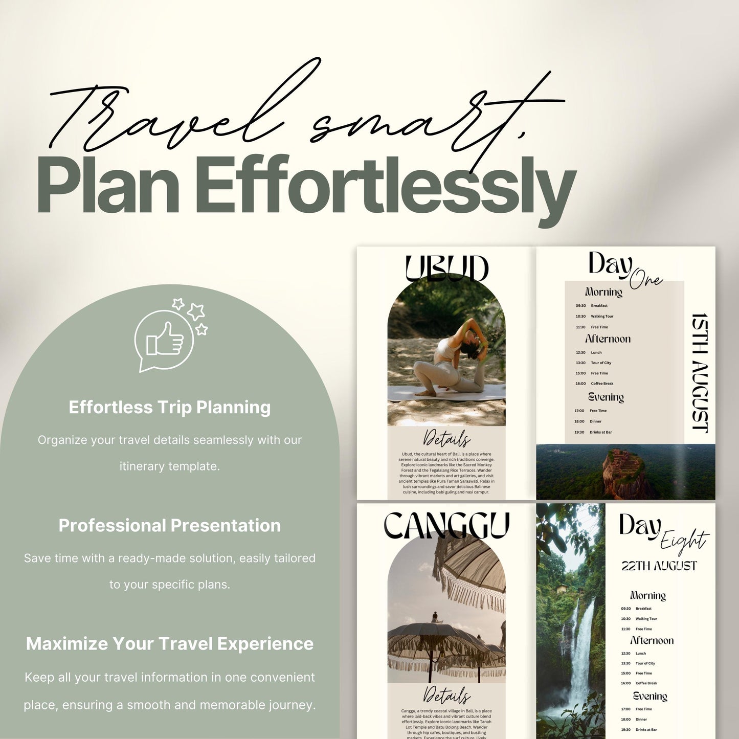 A promotional image for a travel itinerary template titled “Travel smart. Plan Effortlessly.” On the left, a rounded panel highlights benefits of the product including: "Effortless Trip Planning," "Professional Presentation," and "Maximize Your Travel Experience."