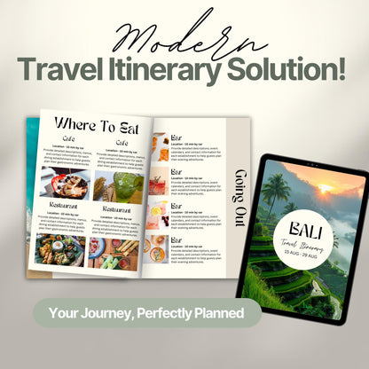 A promotional image titled “Modern Travel Itinerary Solution!” featuring a travel itinerary. 