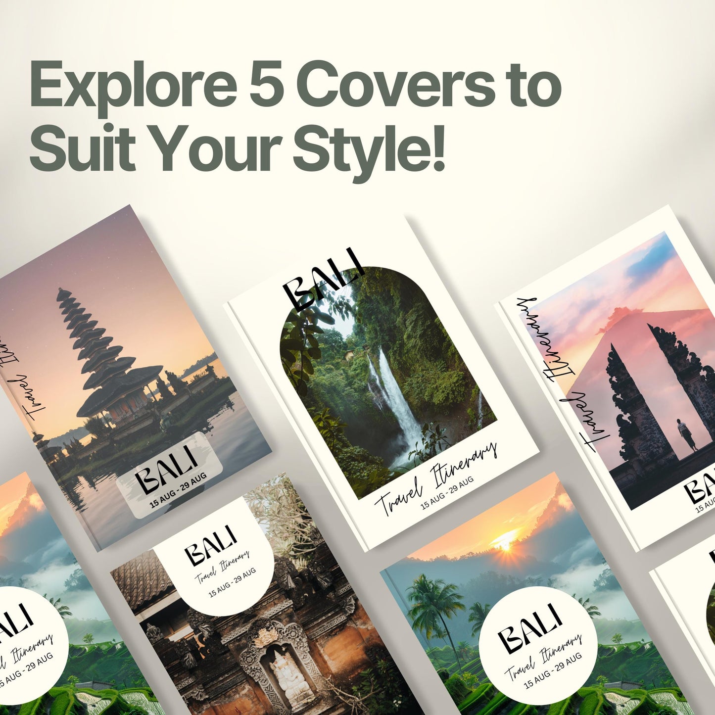 A promotional graphic titled “Explore 5 Covers to Suit Your Style!” showcasing five different travel itinerary cover designs.