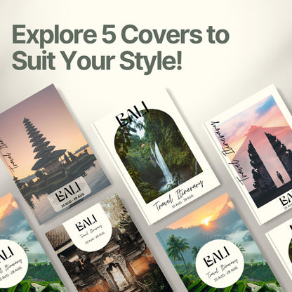 A promotional graphic titled “Explore 5 Covers to Suit Your Style!” showcasing five different travel itinerary cover designs.
