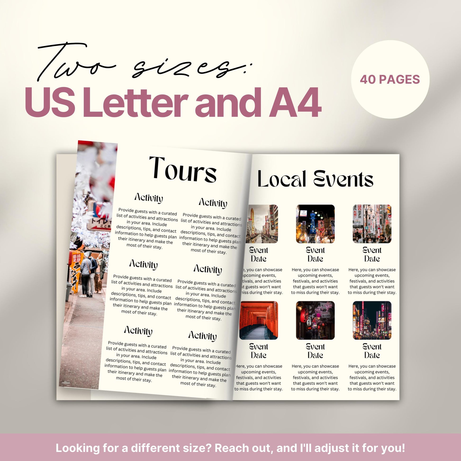 Travel itinerary template displayed in two formats: US Letter and A4 sizes, featuring organized trip details, minimalist design, and printable layout for easy planning.