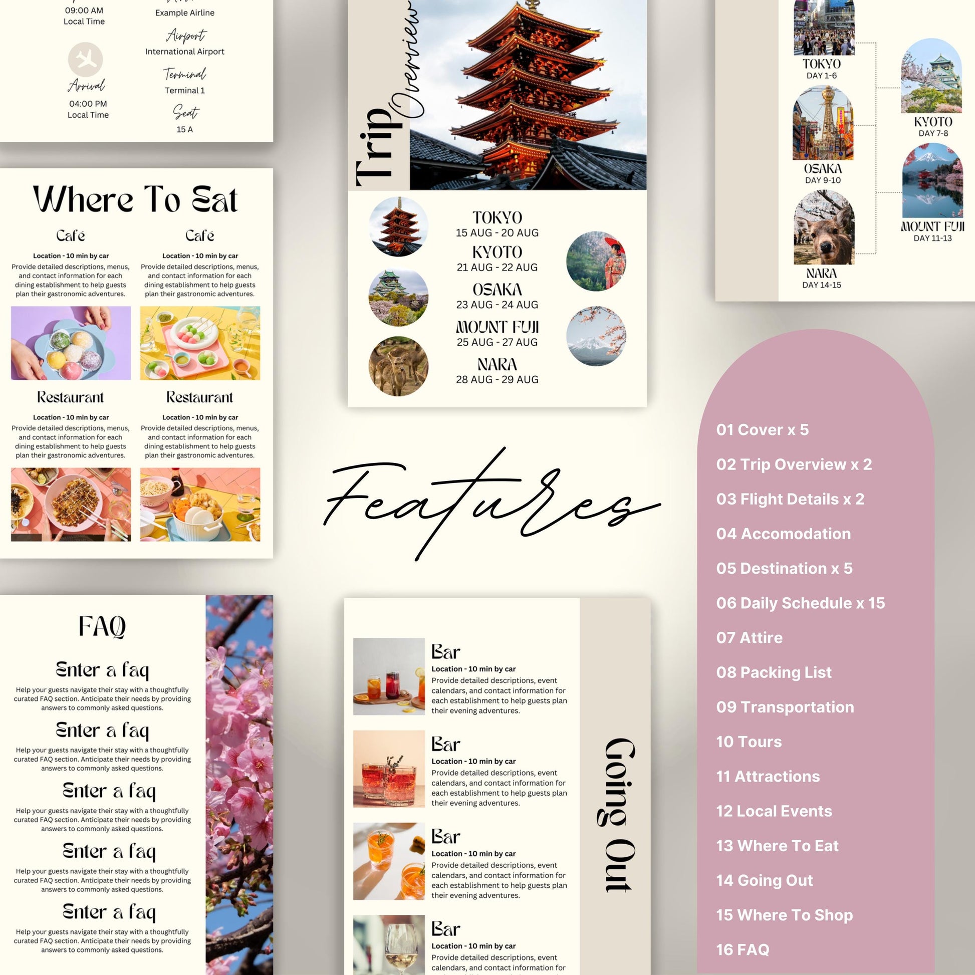 Travel itinerary template with features like daily schedule, accommodation and transportation details, packing checklist.