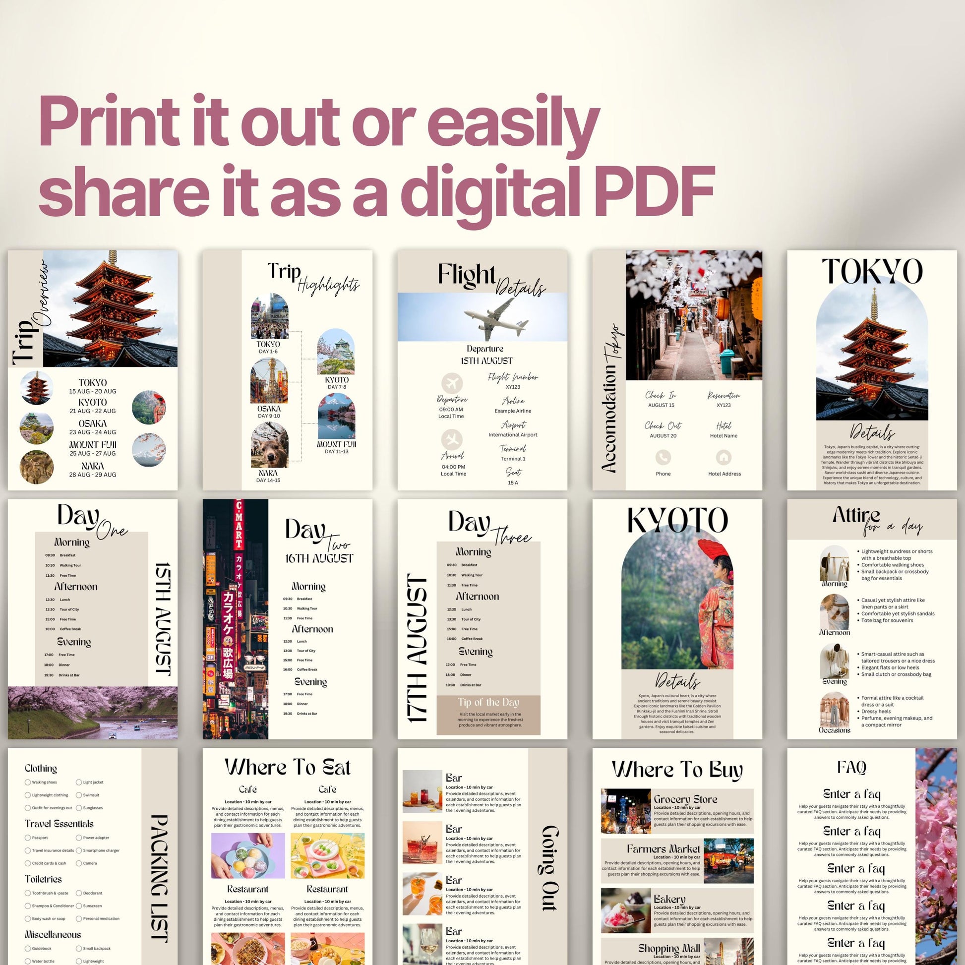 A preview layout showing multiple pages from a travel itinerary template. The design is modern, organized, and visually rich with photos of destinations, local cuisine, and cultural icons.
