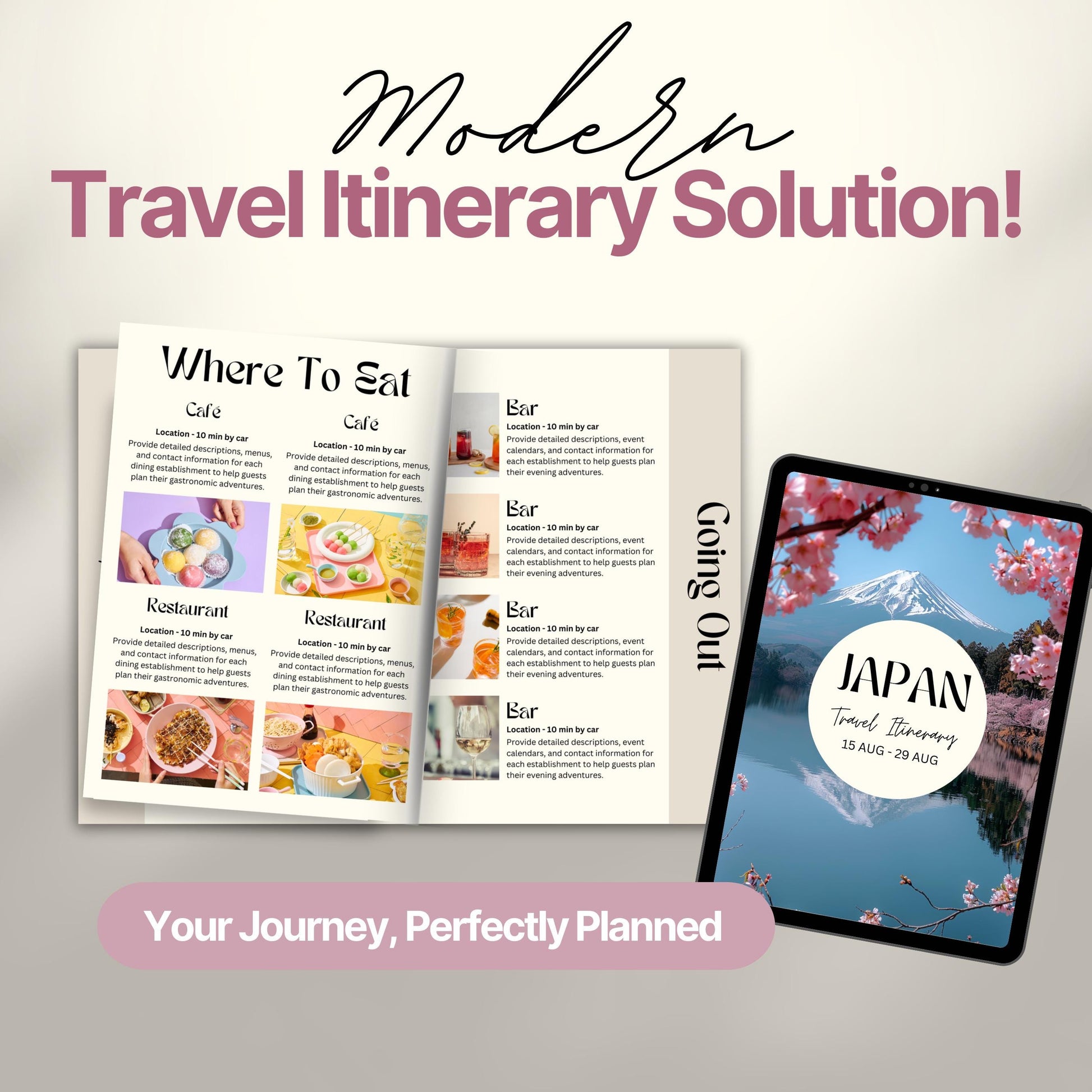 A promotional image titled “Modern Travel Itinerary Solution!” featuring a travel itinerary. 